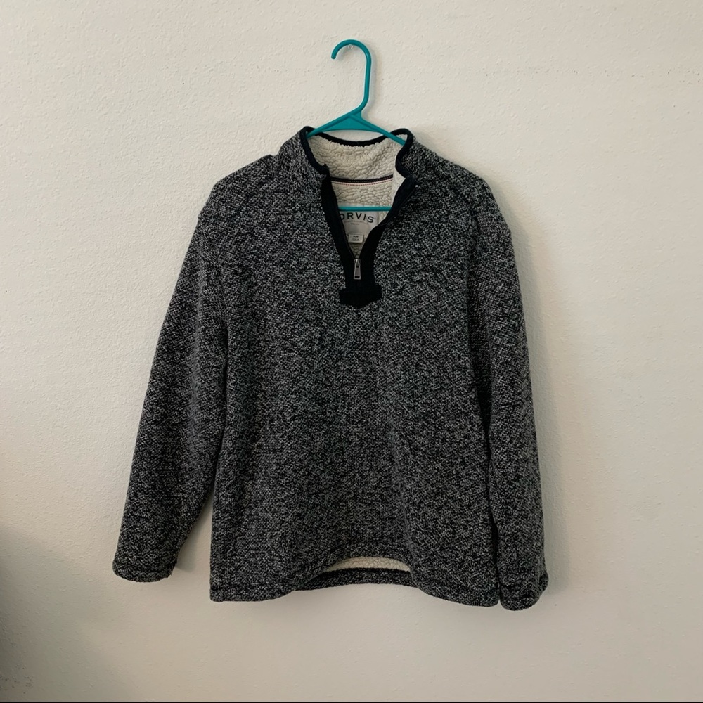 Mens Orvis long sleeve grey and black sherpa sweater half zipped pullover